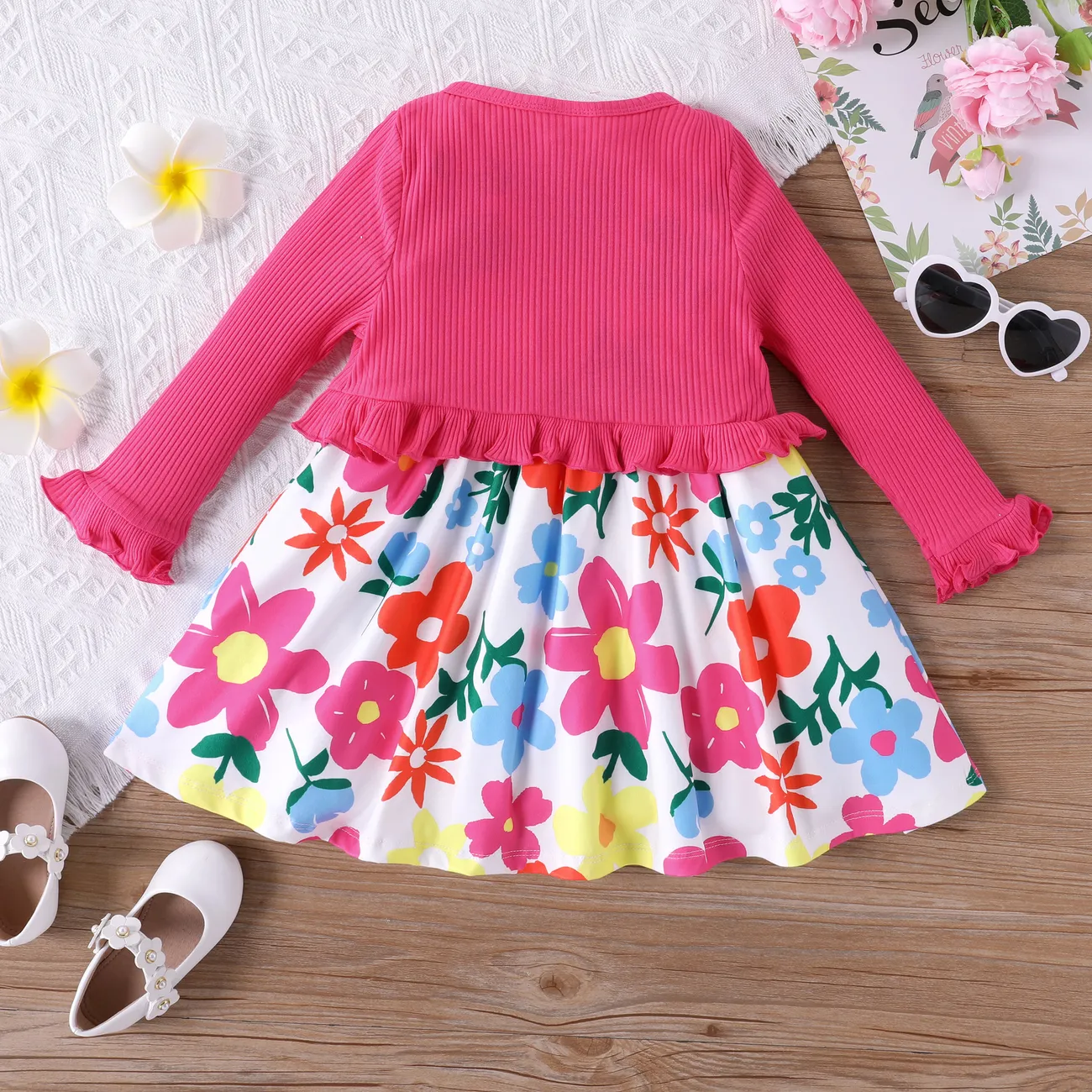 Toddler Girl 2pcs Sweet Ruffled Cardigan and Floral Pattern Dress Set Roseo big image 1