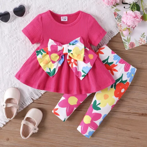 Baby Girl 2 件套蝴蝶結設計 T 恤和花卉印花緊身褲套裝