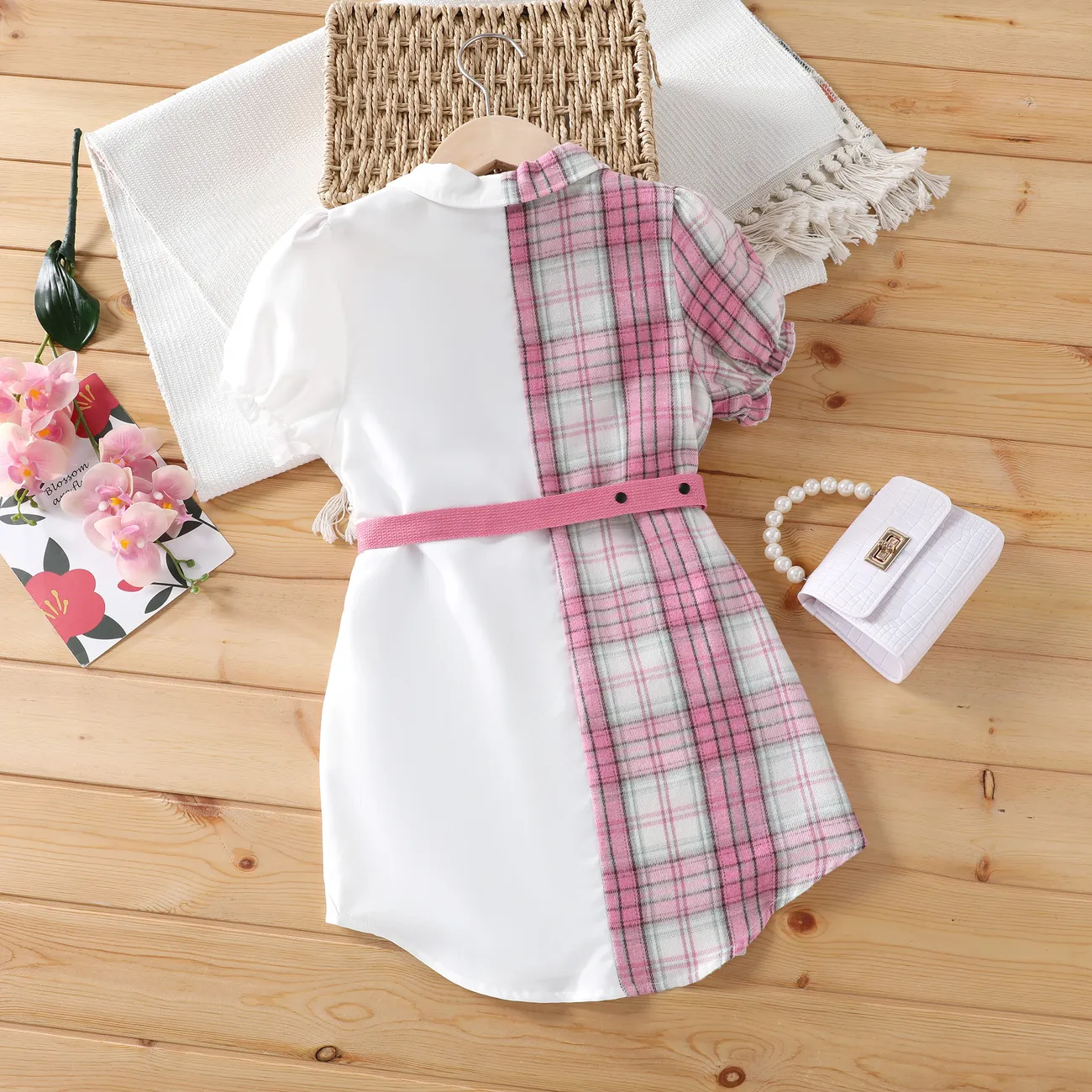 Kid Girl 2pcs Plaid Colorblock Lapel Dress and Pocket Belted Set Pink big image 1