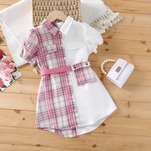 Kid Girl 2pcs Plaid Colorblock Lapel Dress and Pocket Belted Set