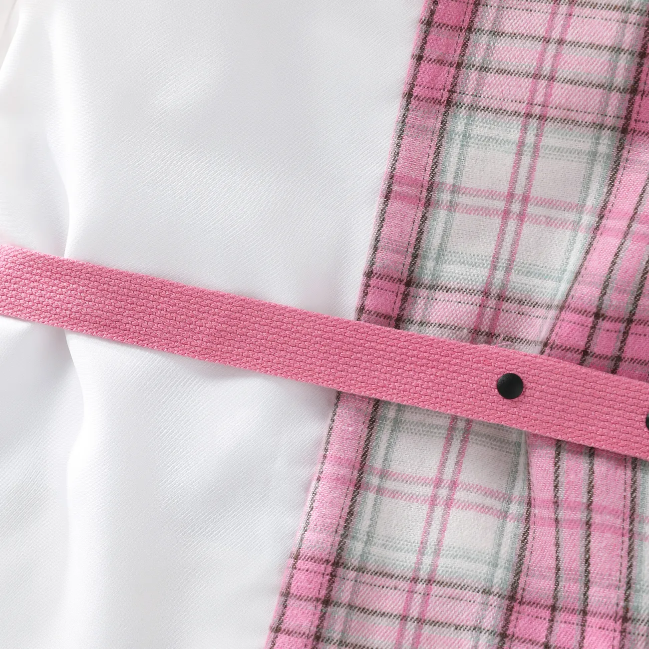 Kid Girl 2pcs Plaid Colorblock Lapel Dress and Pocket Belted Set Pink big image 1