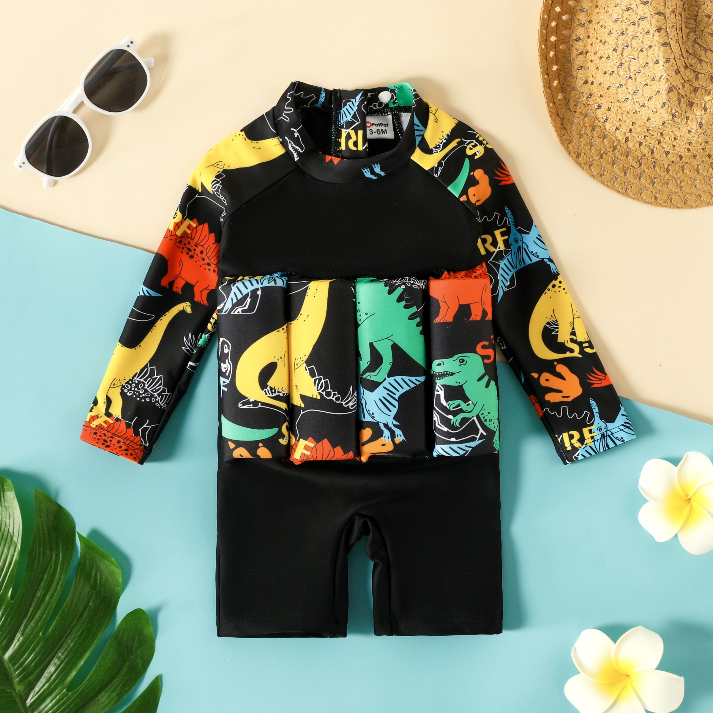 Boy's Dinosaur Long Sleeve Swimsuit - Polyester/Spandex Fabric Stitching