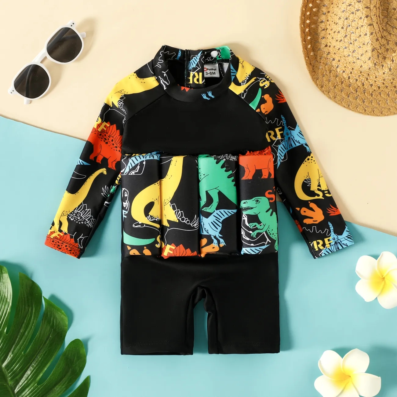 Boy's Dinosaur Long Sleeve Swimsuit - Polyester/Spandex Fabric Stitching Black big image 1