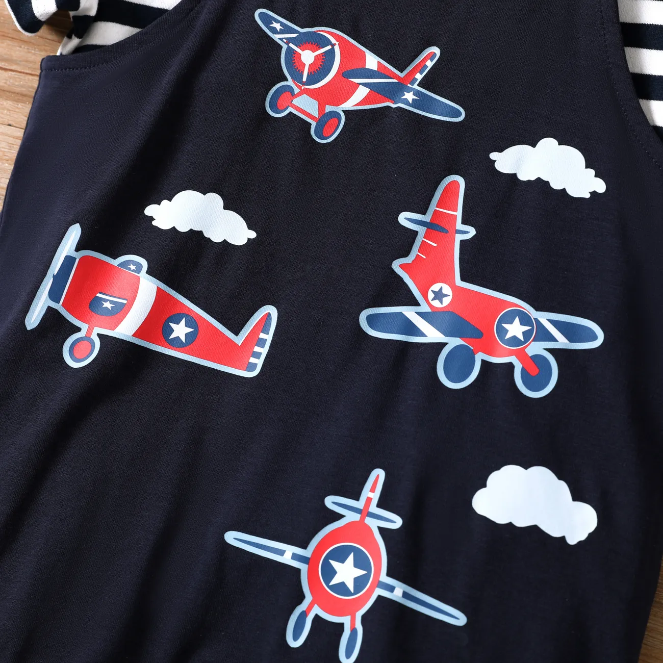 Toddler Boy 2pcs Striped Tee and Plane Print Overalls Shorts Set Tibetanblue big image 1
