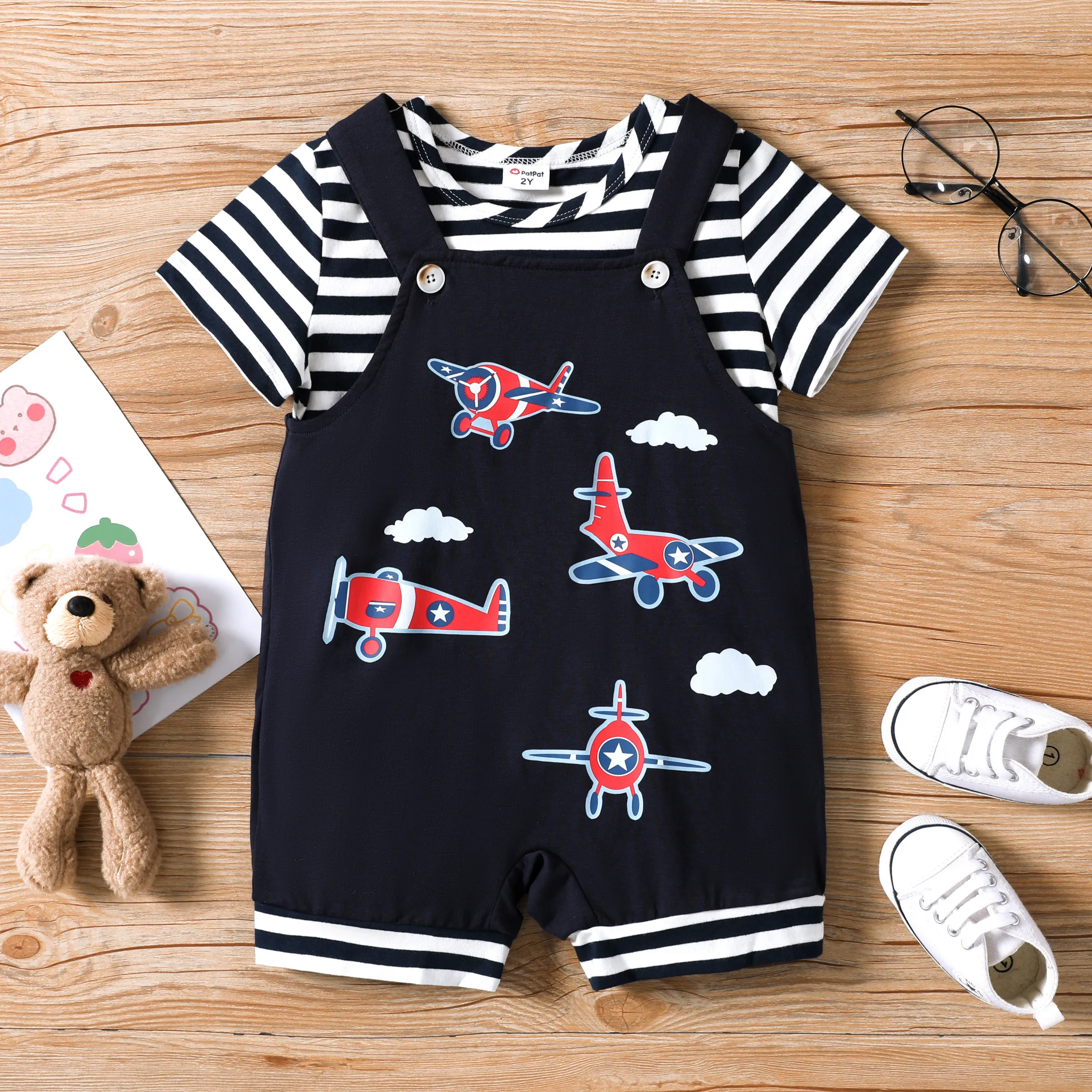 Toddler Boy 2pcs Striped Tee and Plane Print Overalls Shorts Set