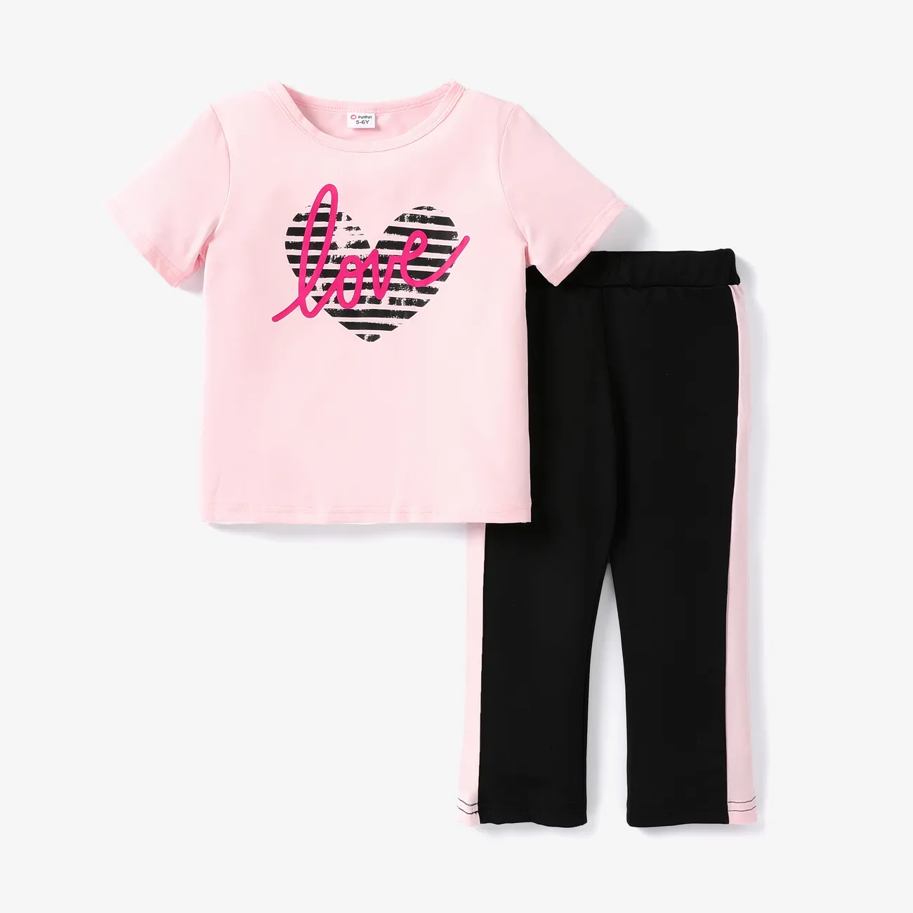 2-piece Kid Girl Letter Heart Print Pink Tee and Colorblock Capri Pants Set Pink big image 1