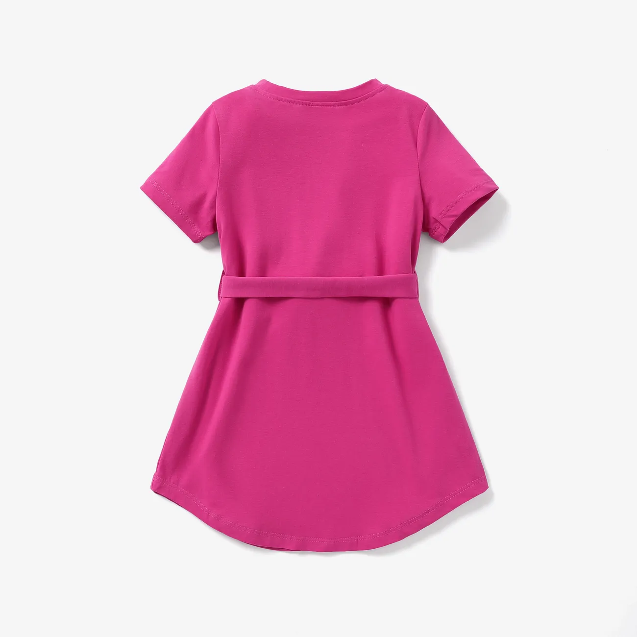 Toddler Girl Solid Curved Hem Short-sleeve Belted Dress Hot Pink big image 1