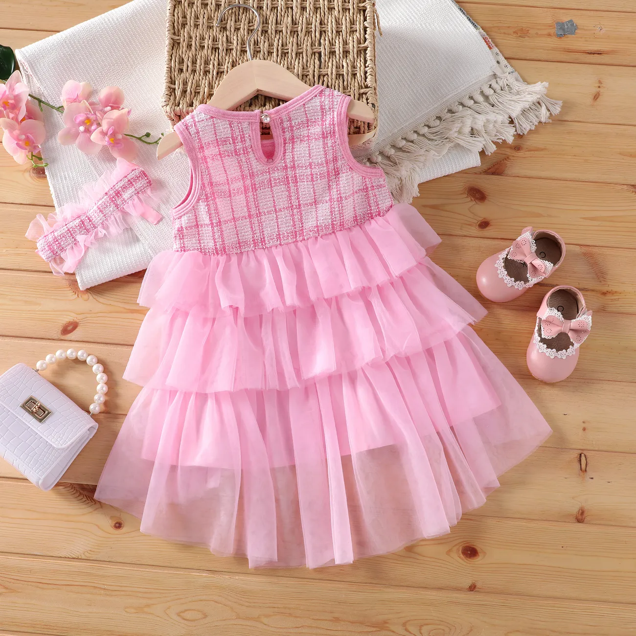 Toddler Girl 2pcs Plaid Print Mesh Splicing Dress with Headband Pink big image 1