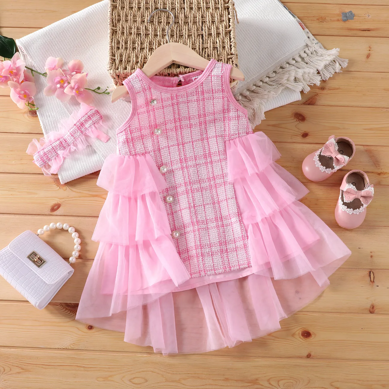 Toddler Girl 2pcs Plaid Print Mesh Splicing Dress with Headband Pink big image 1