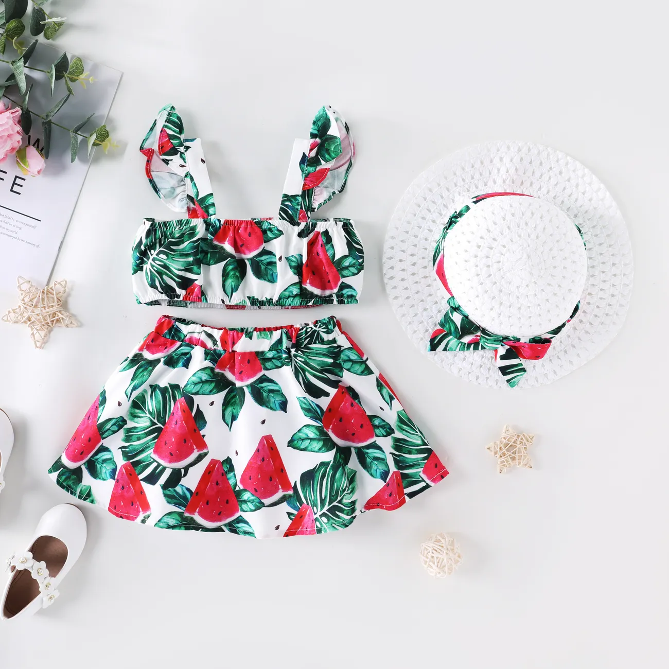 Toddler Girl 3pcs Watermelon Print Flutter-sleeve Camisole and Skirt and Hat Set Multicolour-1 big image 1