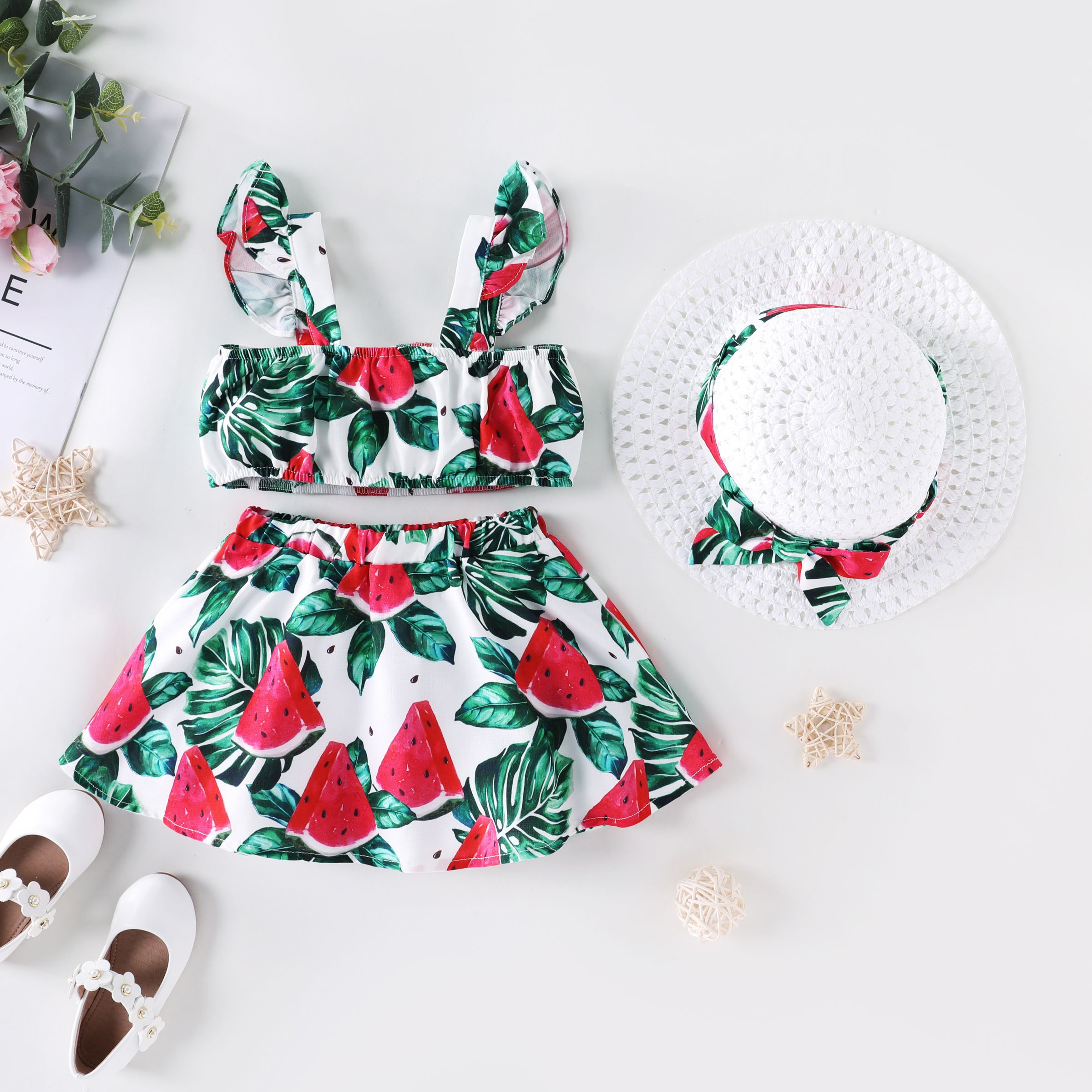 Toddler Girl 3pcs Watermelon Print Flutter-sleeve Camisole and Skirt and Hat Set