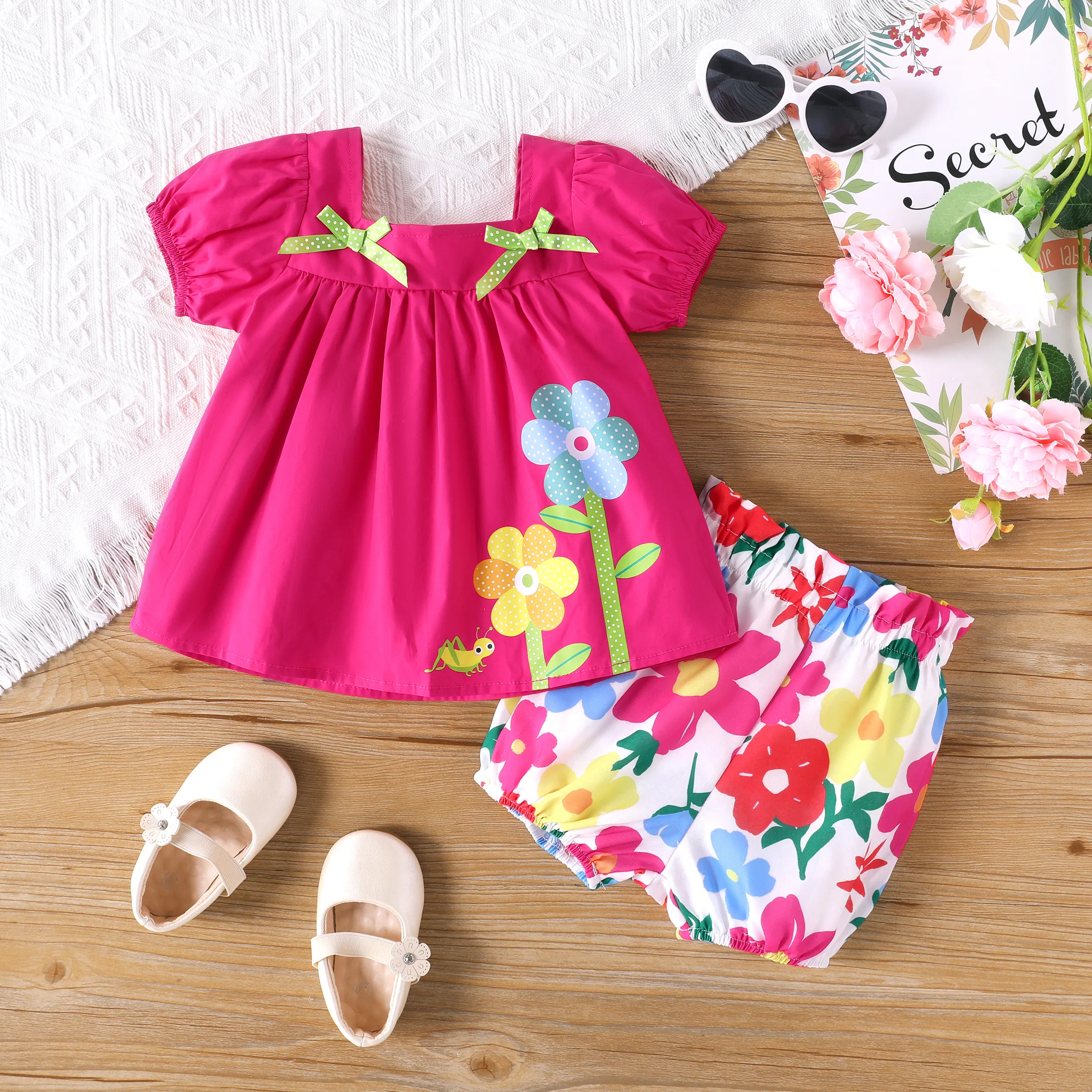 Baby Girl 2pcs Sweet Big Flower Pattern Square Neckline Top and Shorts Set