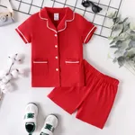Toddler/Kid Boy/Girl 2pcs Solid Color Lapela Pijamas Set Vermelho