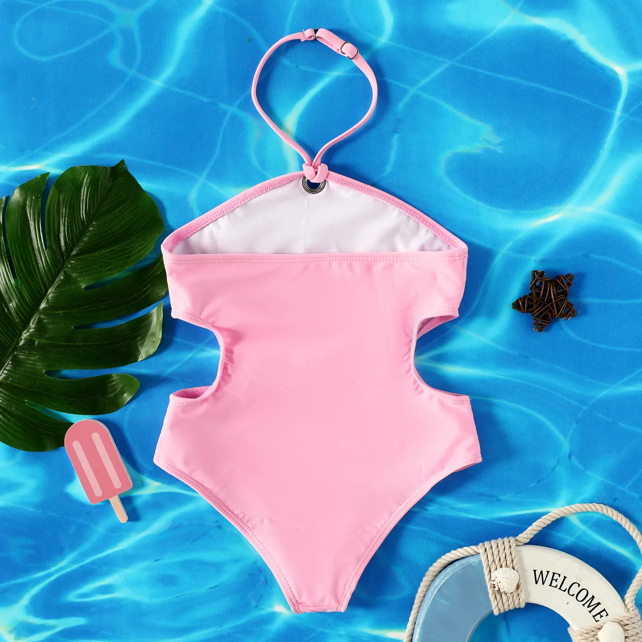 Sweet Geometric Pattern Girl's Halter Swimsuit Set, Chinlon and Spandex Tight Swimwear Pink big image 1