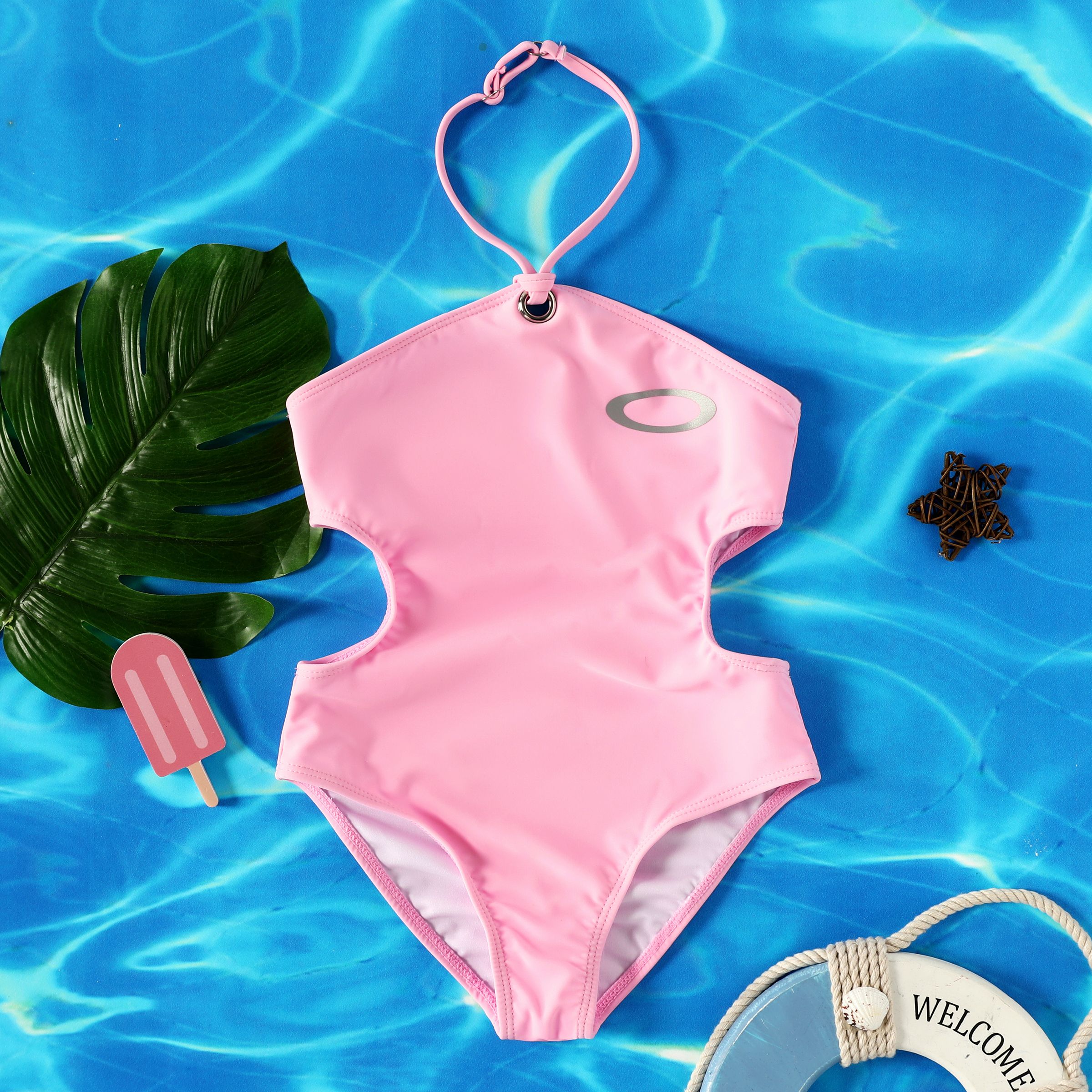 

Sweet Geometric Pattern Girl's Halter Swimsuit Set, Chinlon and Spandex Tight Swimwear