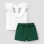 2-piece Baby / Toddler Girl Pretty Floral Embroidery Top and Solid Shorts Sets Green