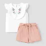 2-piece Baby / Toddler Girl Pretty Floral Embroidery Top and Solid Shorts Sets Pink