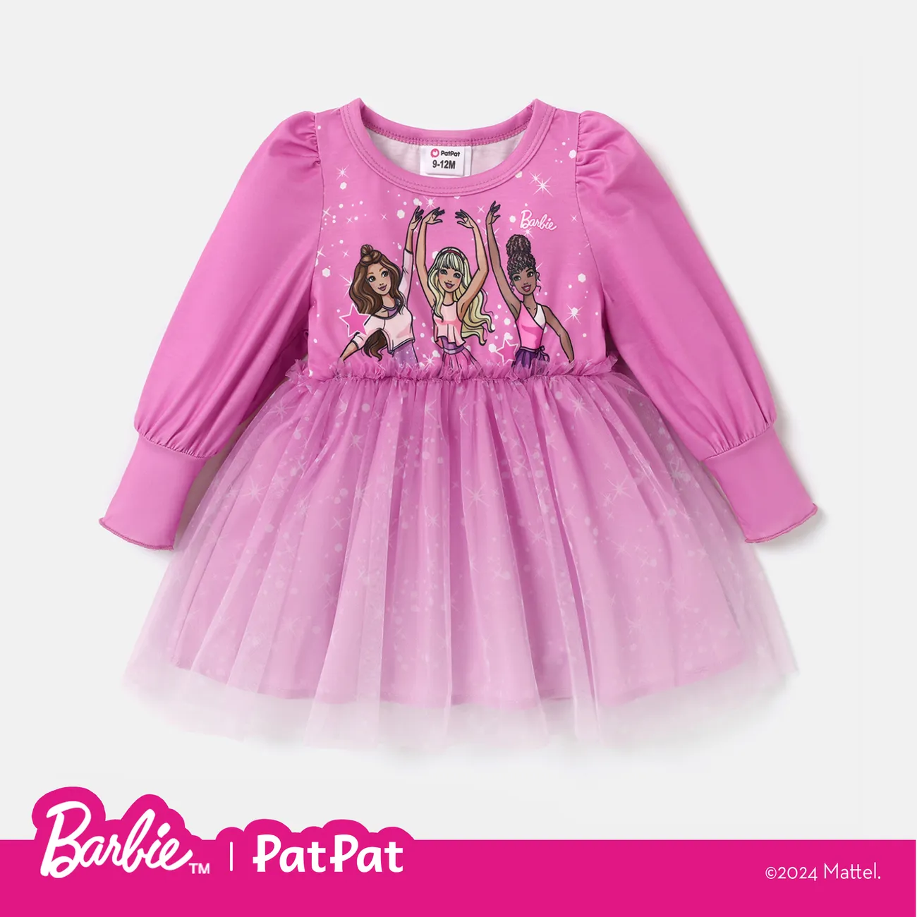 Barbie Baby/Toddler Girl Figure Print Long-sleeve Mesh Panel Dress Roseo big image 1
