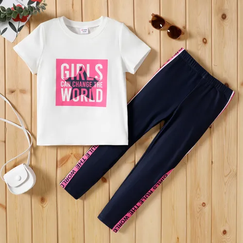 Kid Girl 2pcs Camiseta con estampado de letras y conjunto de leggings de bloques de color