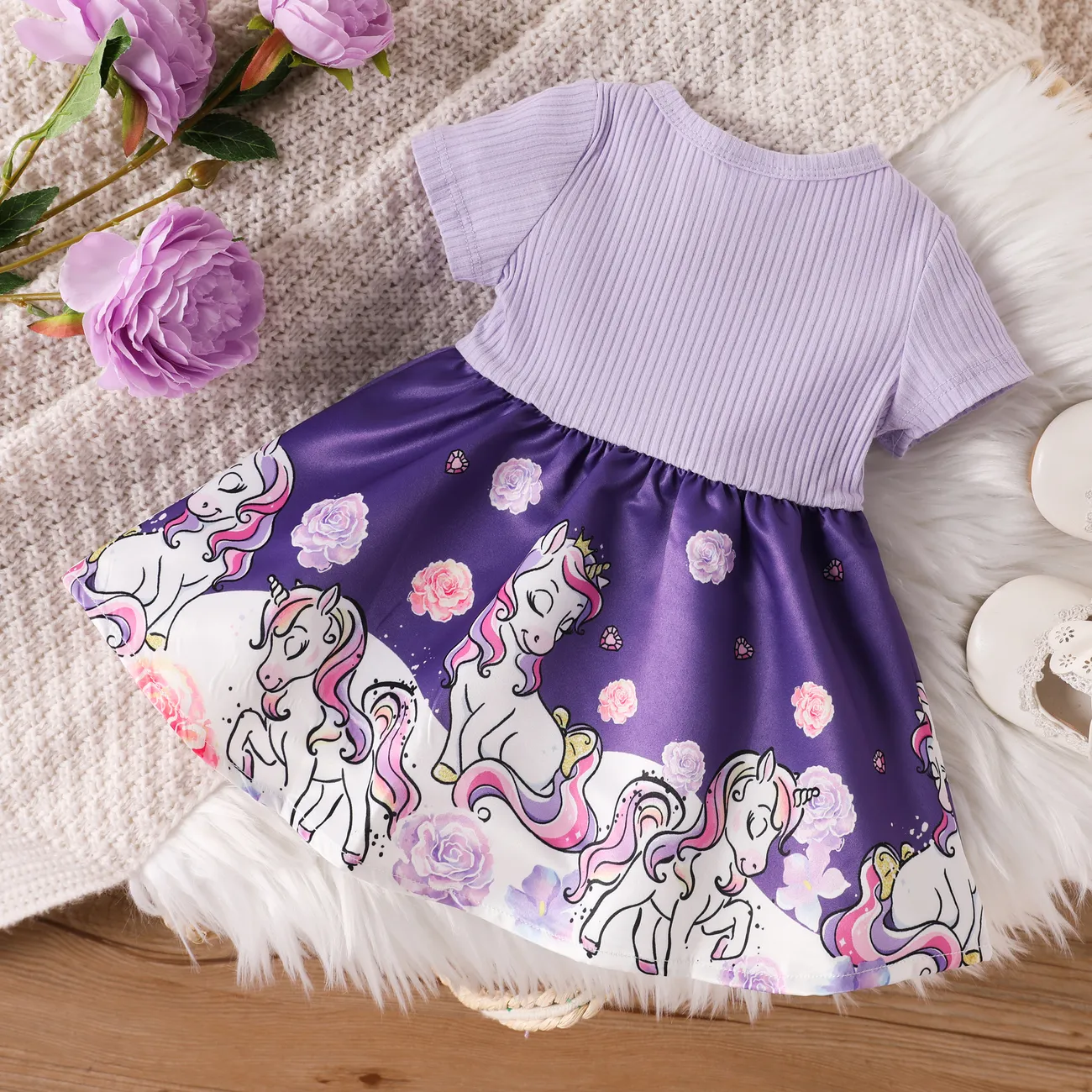 Bébé Couture de tissus Licorne Enfantin Manches courtes Robe Violet big image 1