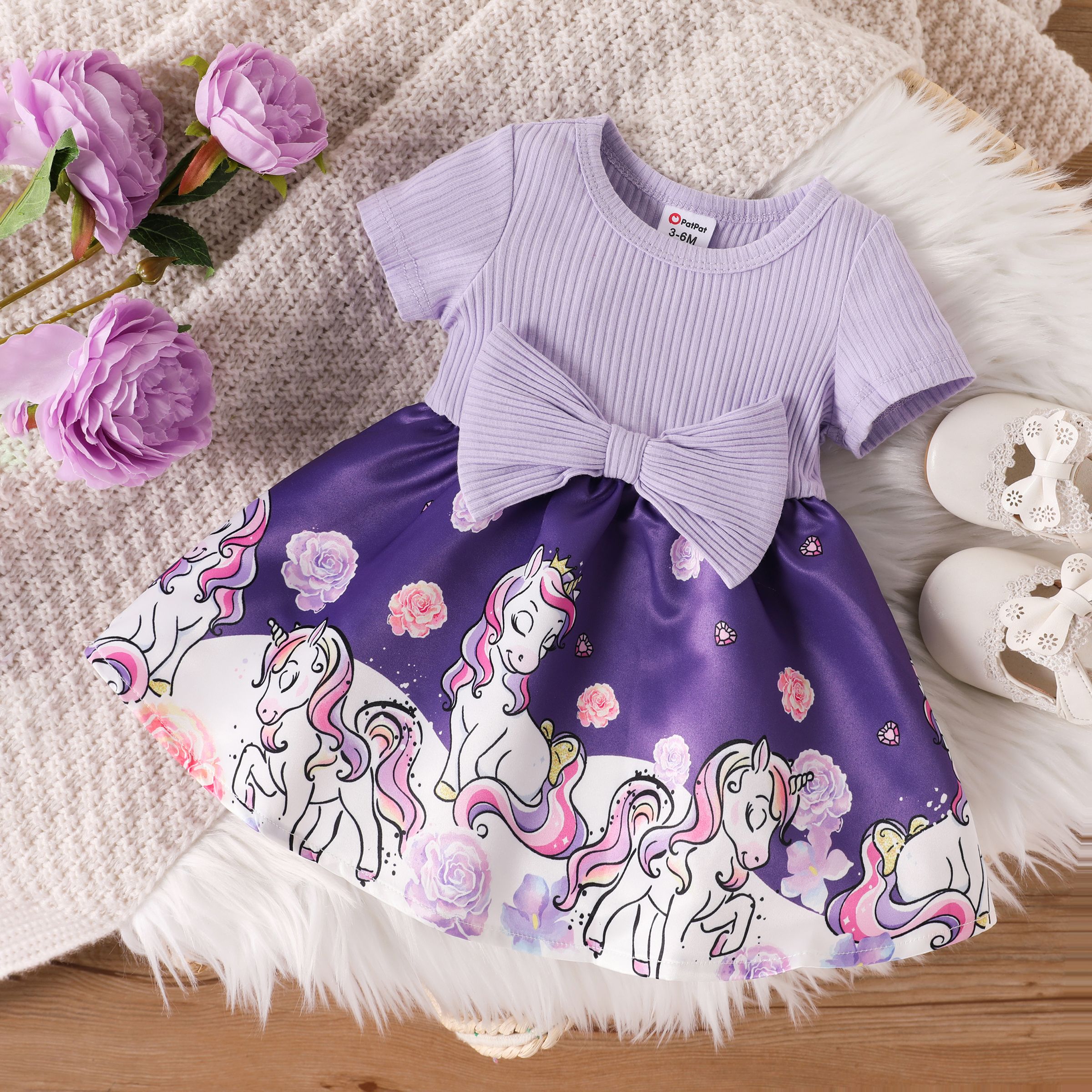 Baby Girl Colorblock Unicorn Pattern Bowknot Dress