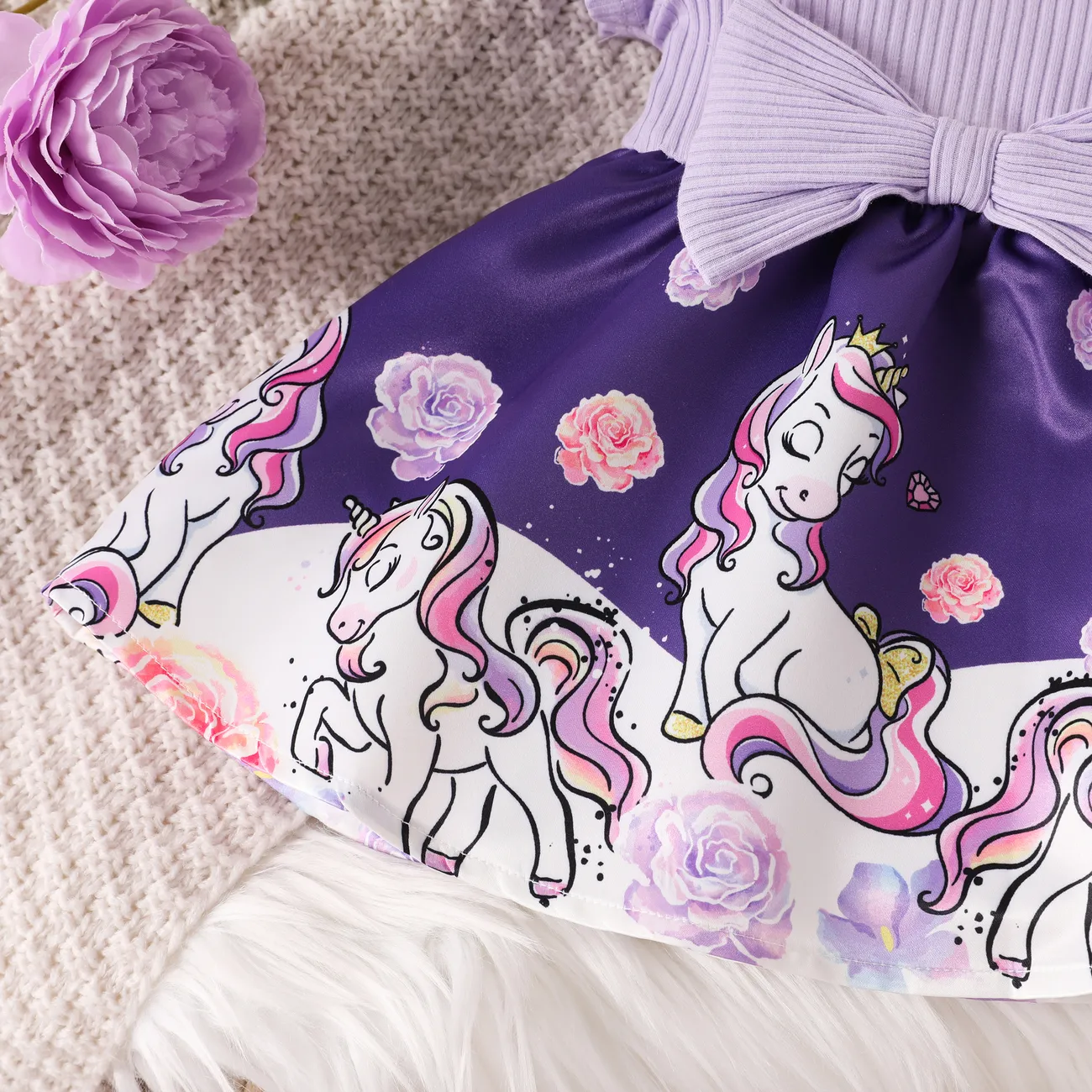 Baby Girl Colorblock Unicorn Pattern Bowknot Dress Purple big image 1