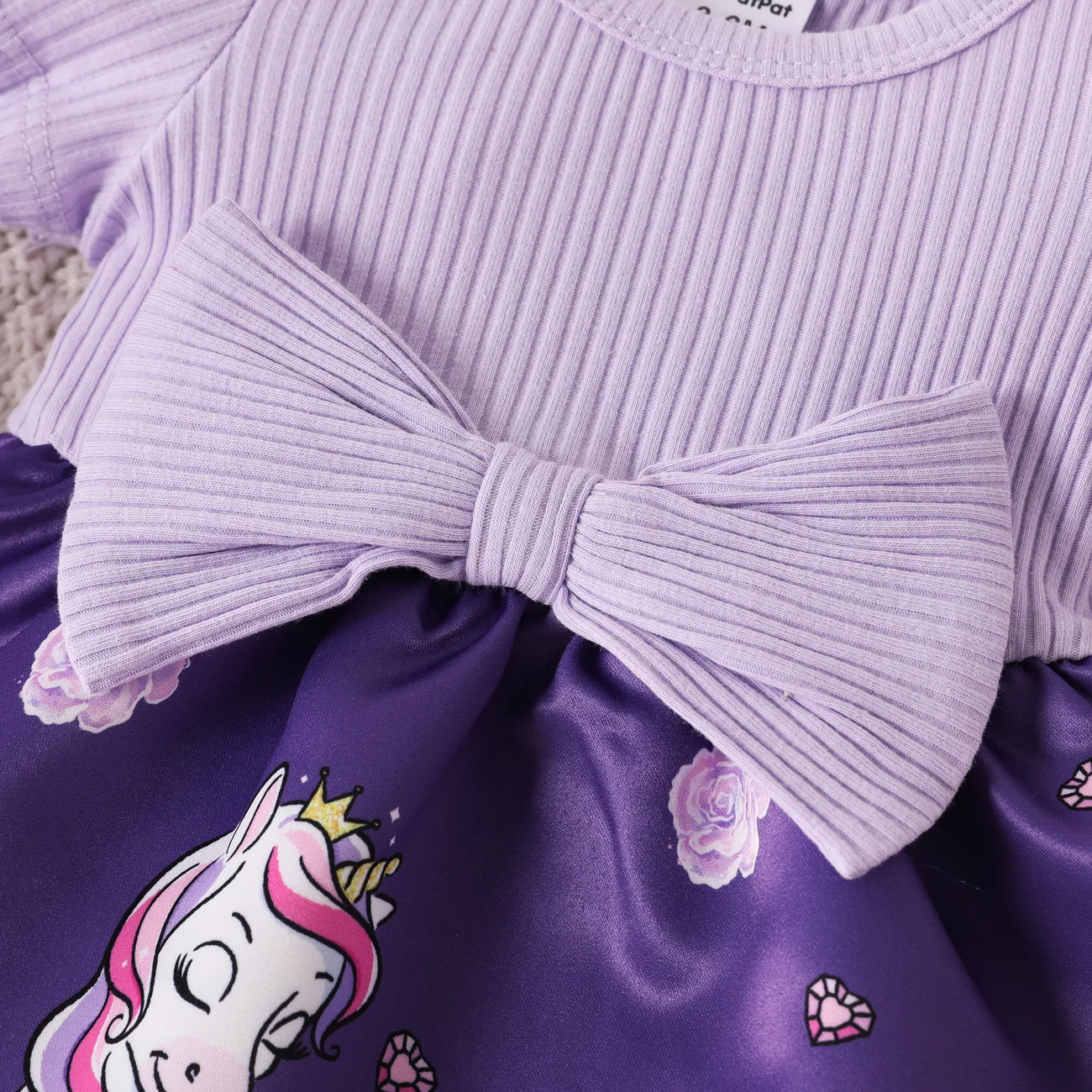 Baby Girl Colorblock Unicorn Pattern Bowknot Dress Purple big image 1