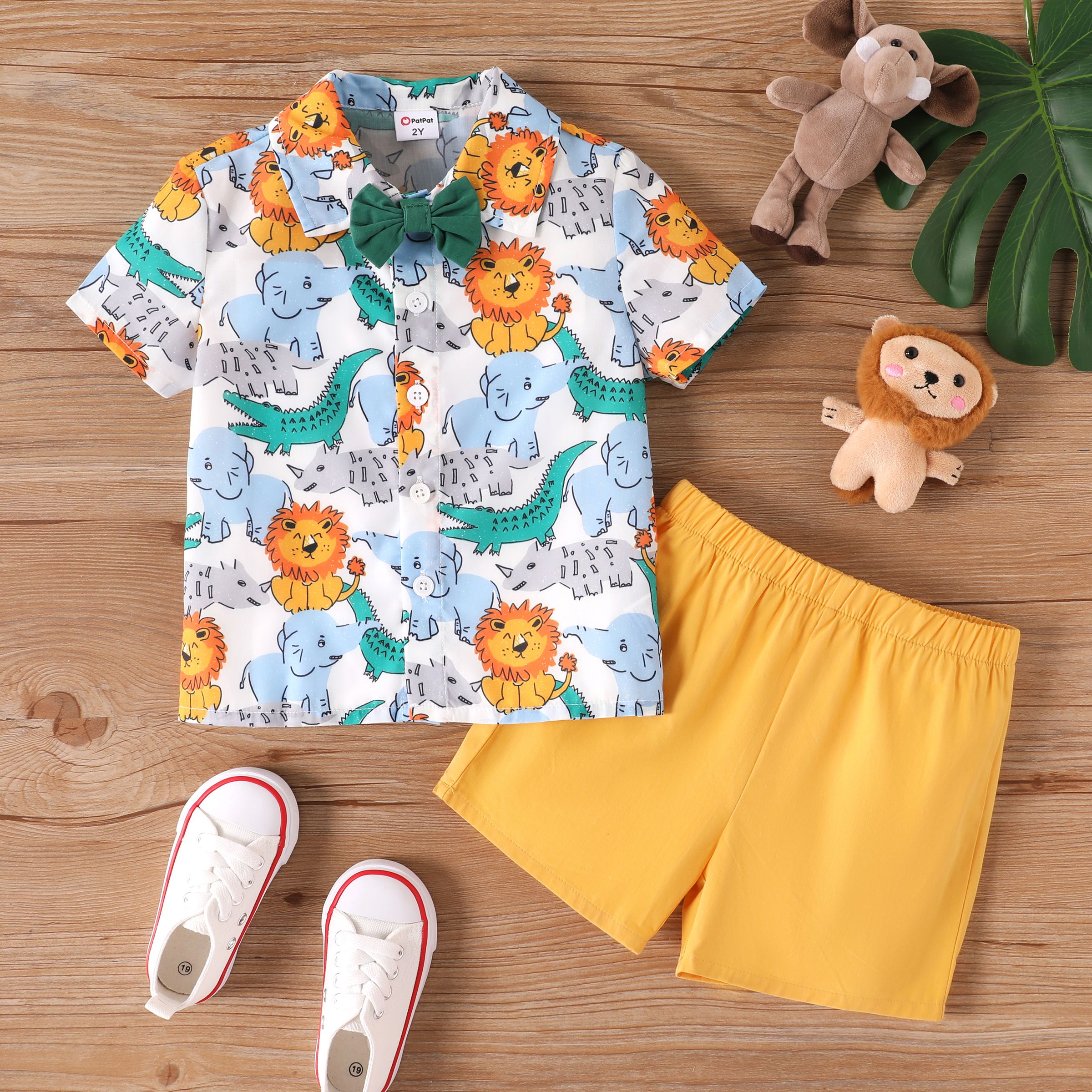 Toddler Boy 2pcs Animal Pattern Bowknot Shirt and Shorts Set