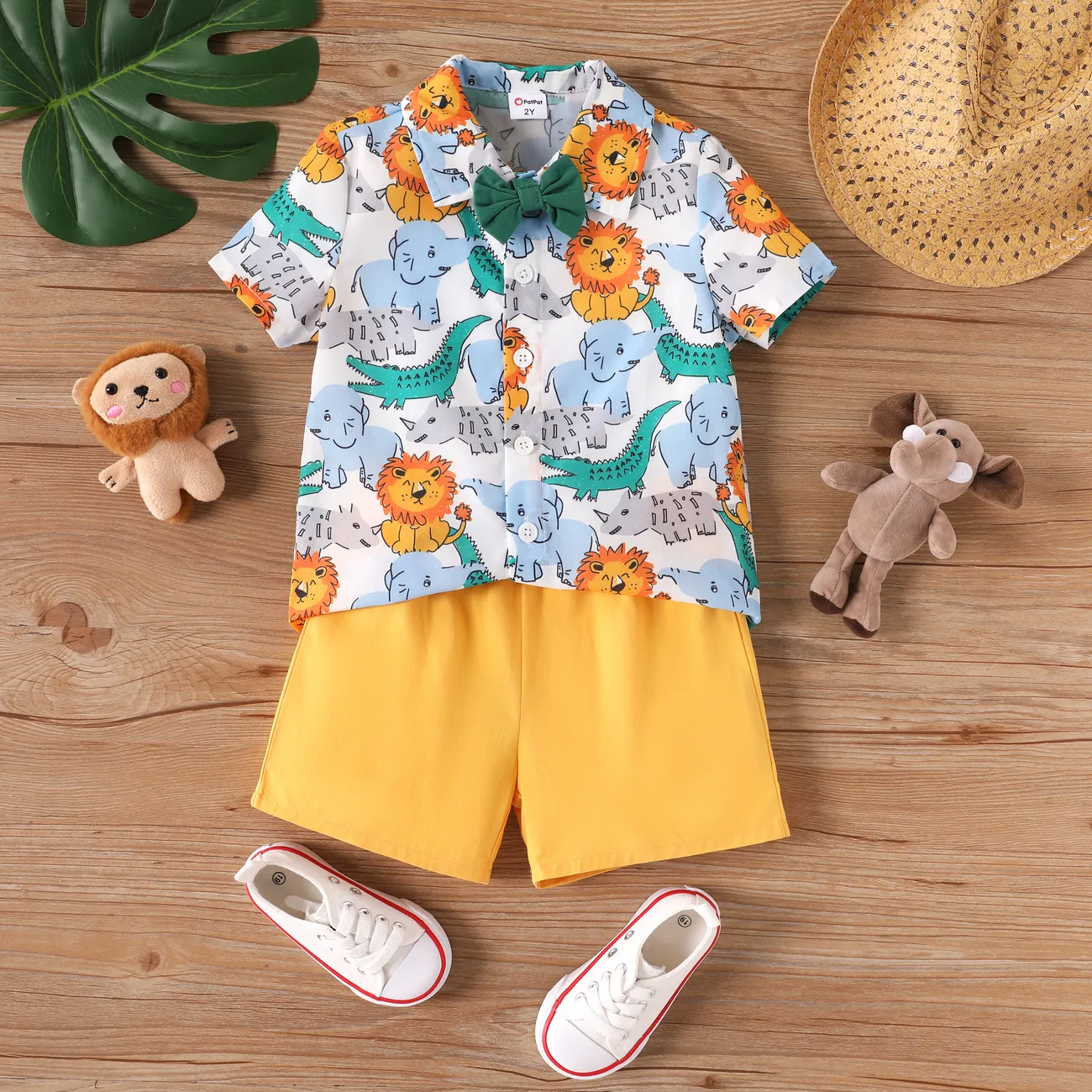 Toddler Boy 2pcs Animal Pattern Bowknot Shirt and Shorts Set Yellow big image 1