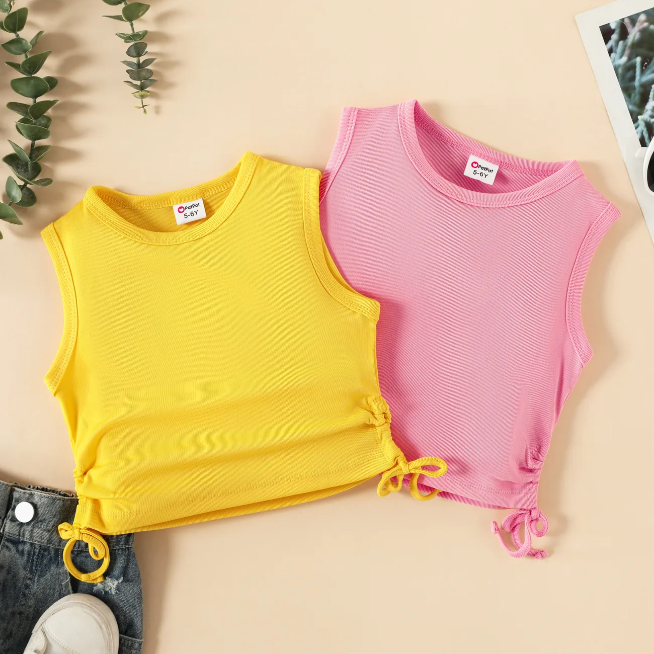 Girl's Basic Sleeveless Drawstring Tight T-Shirt in Polyester-Spandex Blend Pink big image 1