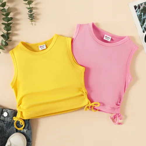 Girl's Basic Sleeveless Drawstring Tight T-Shirt in Polyester-Spandex Blend
