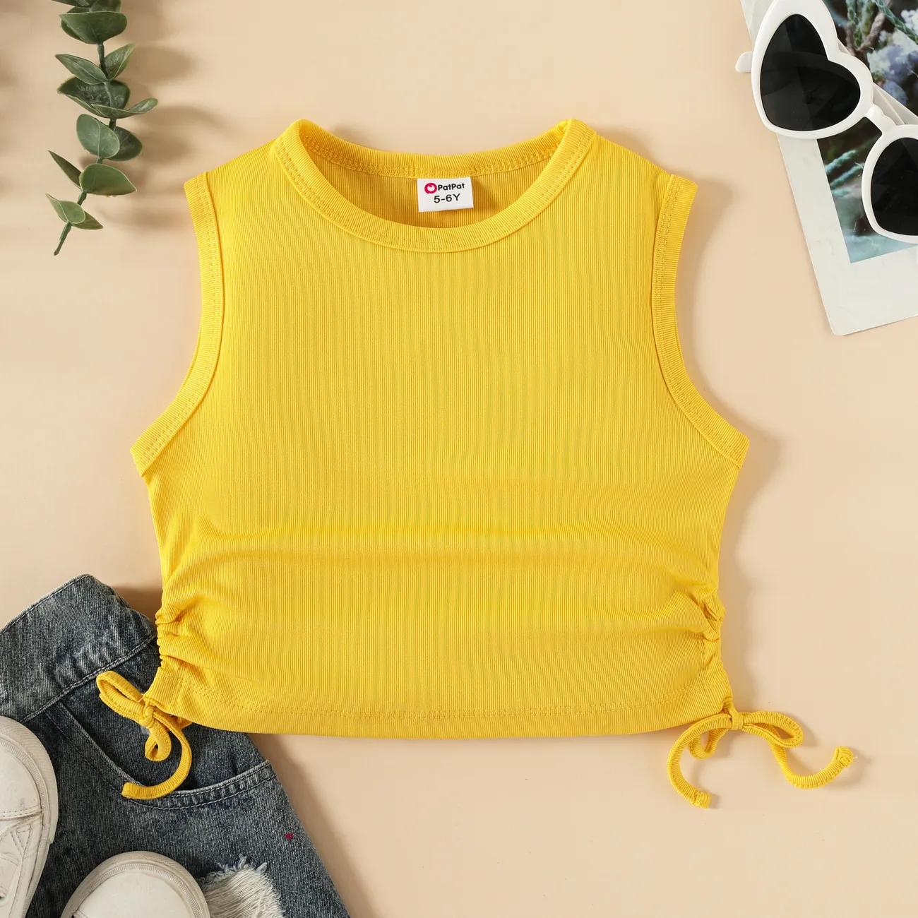 Kinder Mädchen Kordelzug Unifarben Ärmellos T-Shirts gelb big image 1