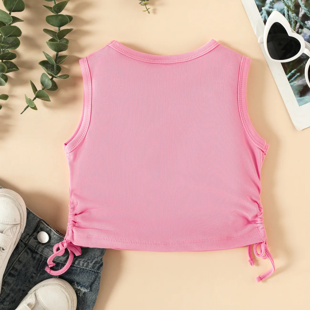 Girl's Basic Sleeveless Drawstring Tight T-Shirt in Polyester-Spandex Blend Pink big image 1