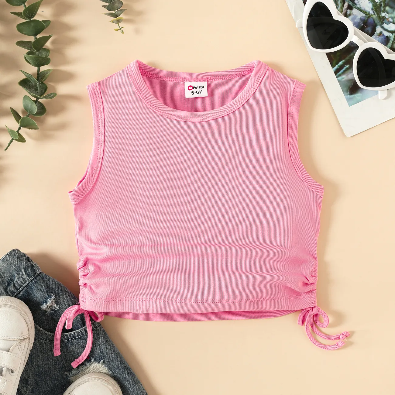 Kinder Mädchen Kordelzug Unifarben Ärmellos T-Shirts rosa big image 1