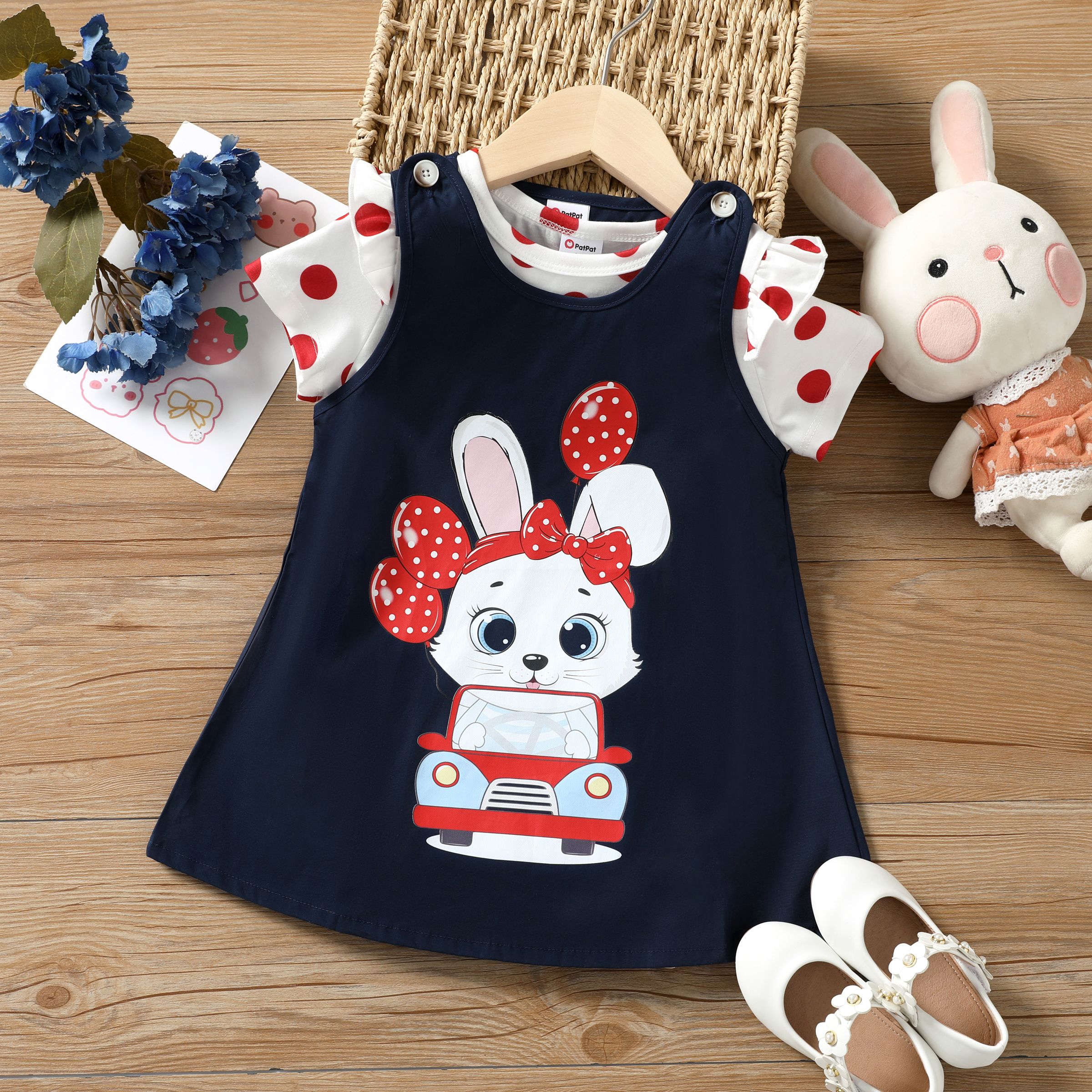 2pcs Toddler Girl Polka Dots Print Tee and Rabbit Print Dress Set
