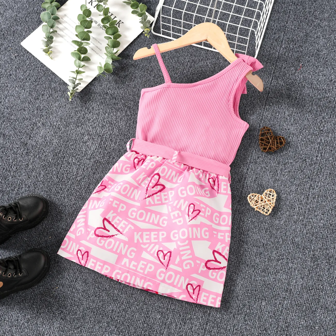 3pcs Kid Girl Sweet Letter Bandage Belted Skirt Set  Pink big image 1