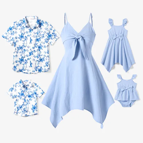 Família combinando conjuntos camisa de praia floral azul ou vestido irregular Hem Flowy alça 
