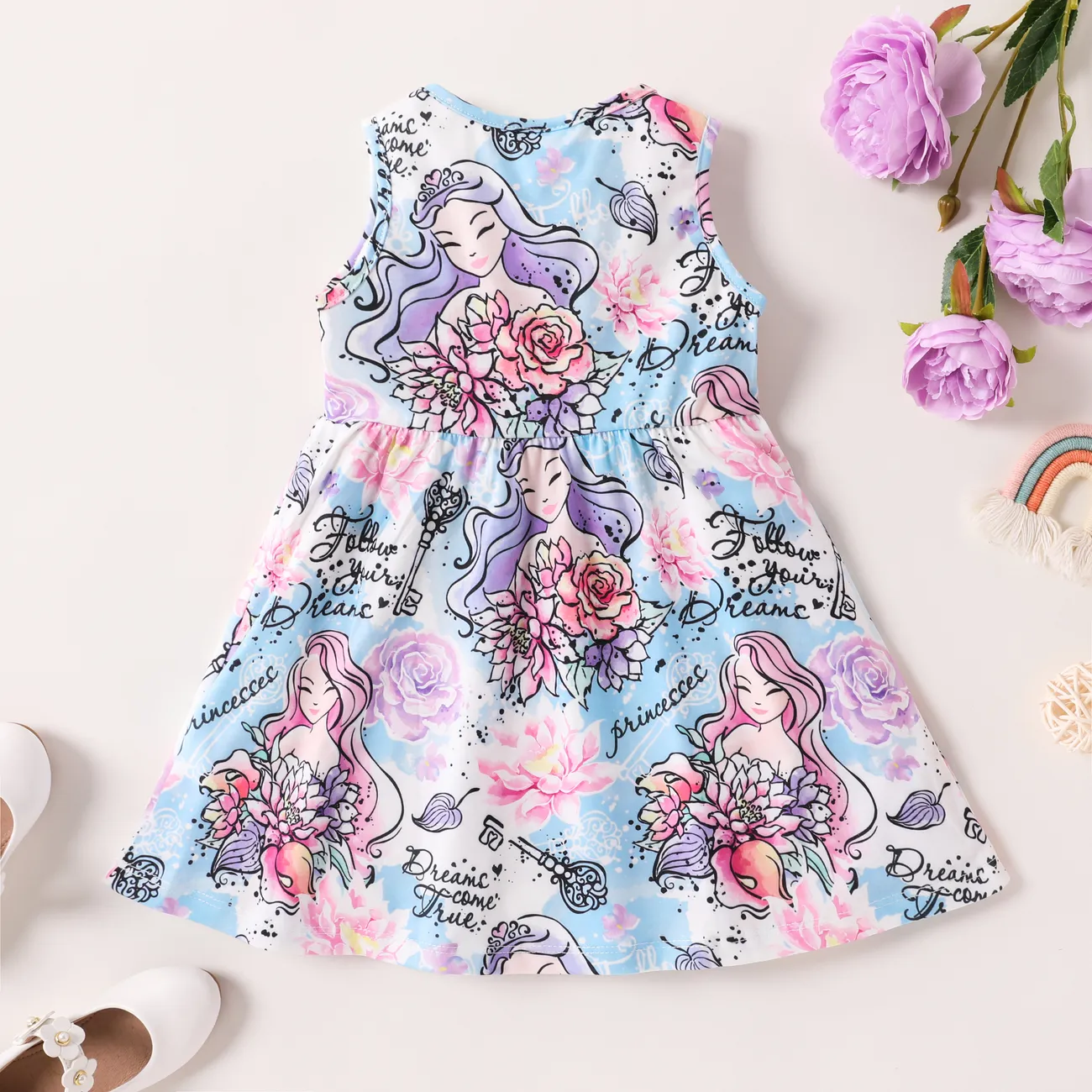 Toddler Girl Character＆Floral Pattern Sleeveless Dress Multicolour-1 big image 1