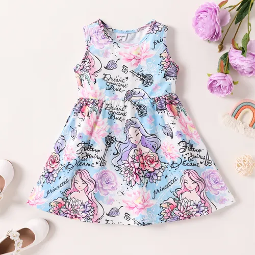 Toddler Girl Character＆Floral Pattern Sleeveless Dress