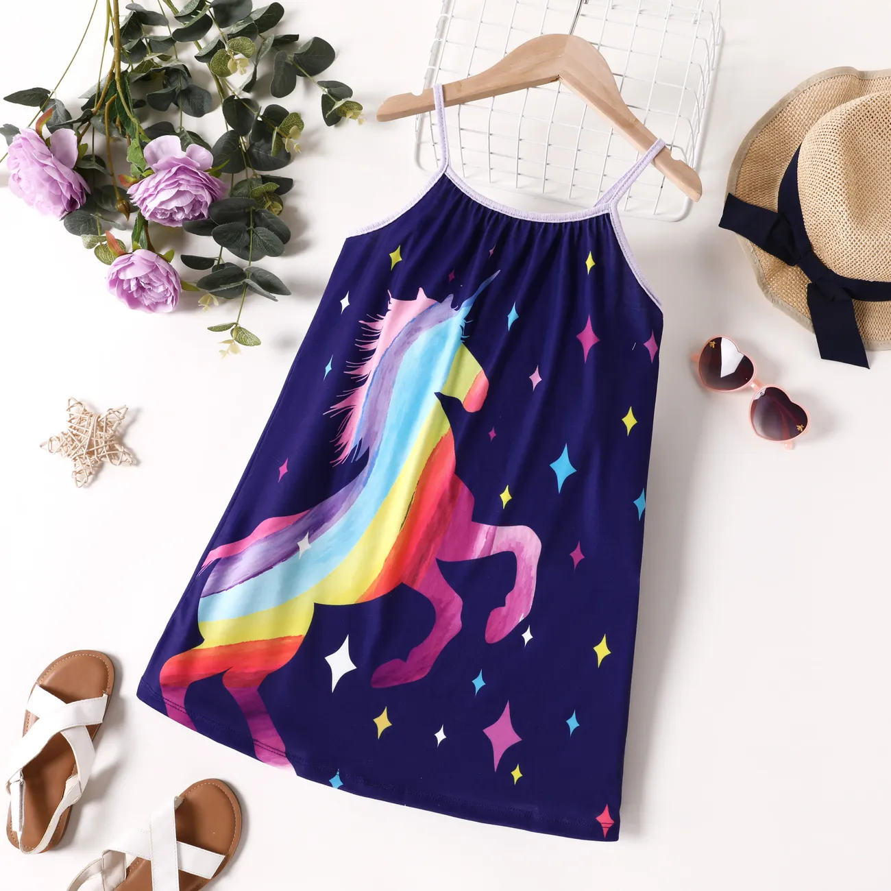 Kid Girl Unicorn Print Cami Dress Purple big image 1