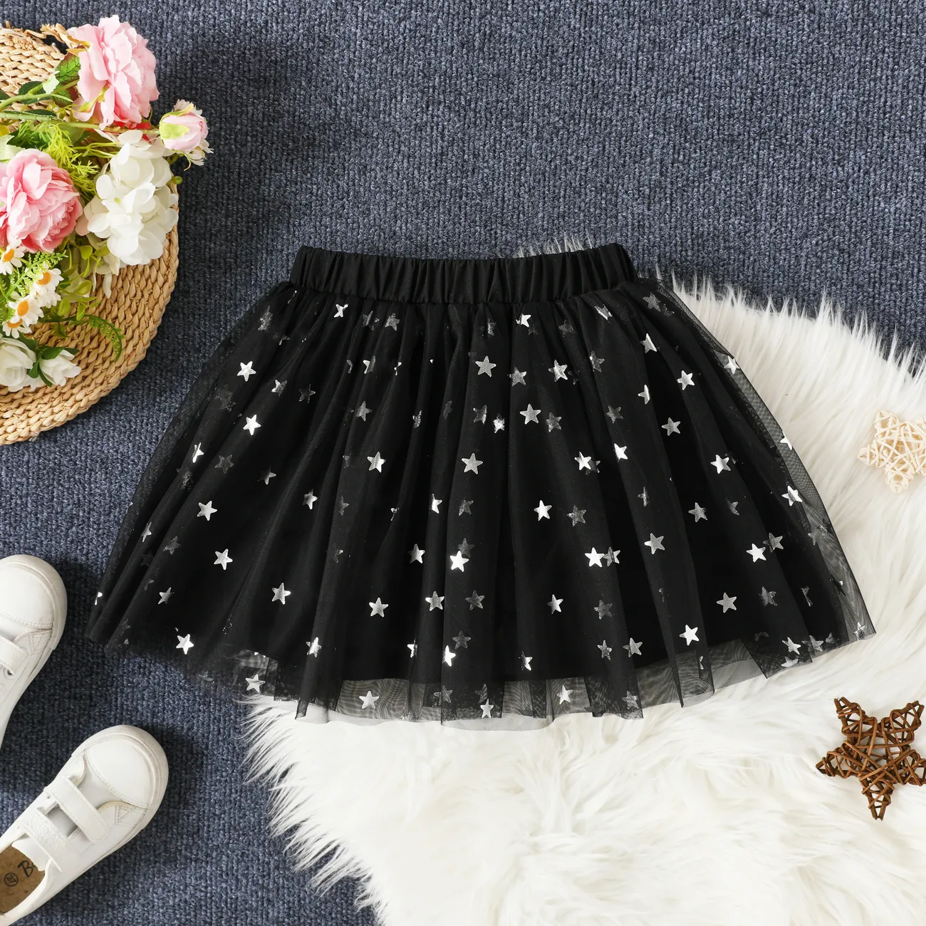 Sweet Oversized Multi-layered Stars Skirt for Girls - 100% Polyester Black big image 1