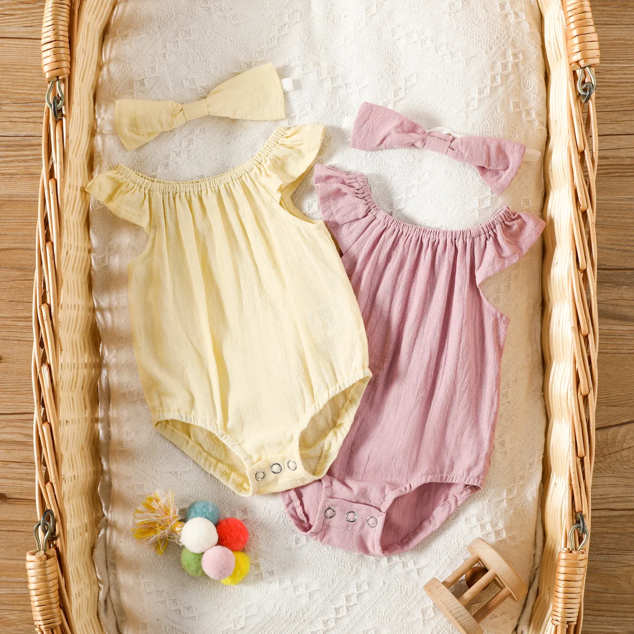 2pcs Baby Girl Flutter Sleeve Rompers Suit Set in Solid Color Pale Yellow big image 1