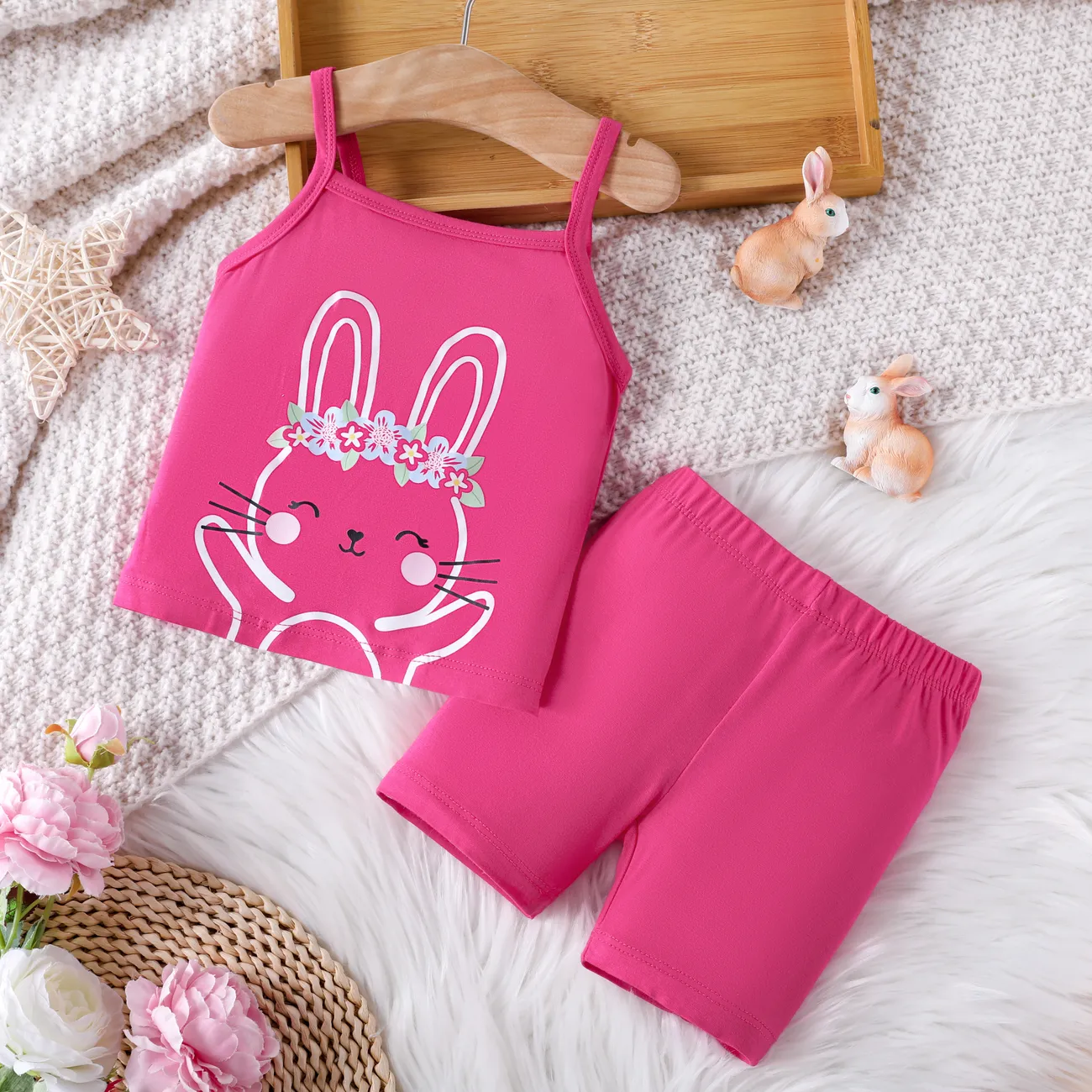 Bebé / Niña pequeña 2pcs Bamboo Fiber Rabbit Print Camisole and Shorts Pajama Set Roseo big image 1