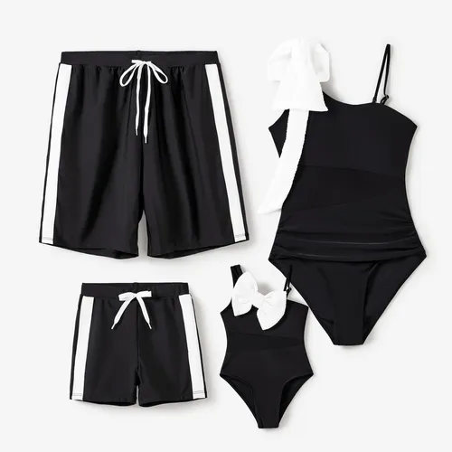 Family Matching Black Drawstring Swim Trunks or Bow knot One-Piece Strap Swimsuit