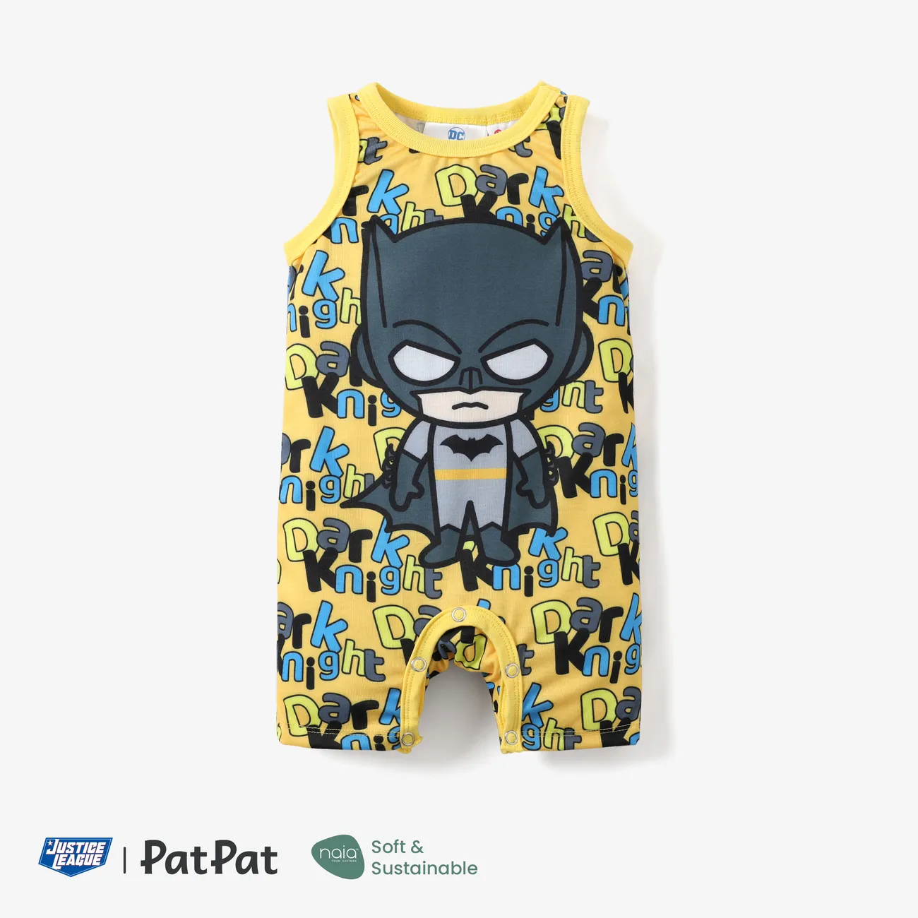 Justice League 1pc Baby Boy Naia™ Superman/Batman Print with Slogan All-over Jumpsuit Yellow big image 1