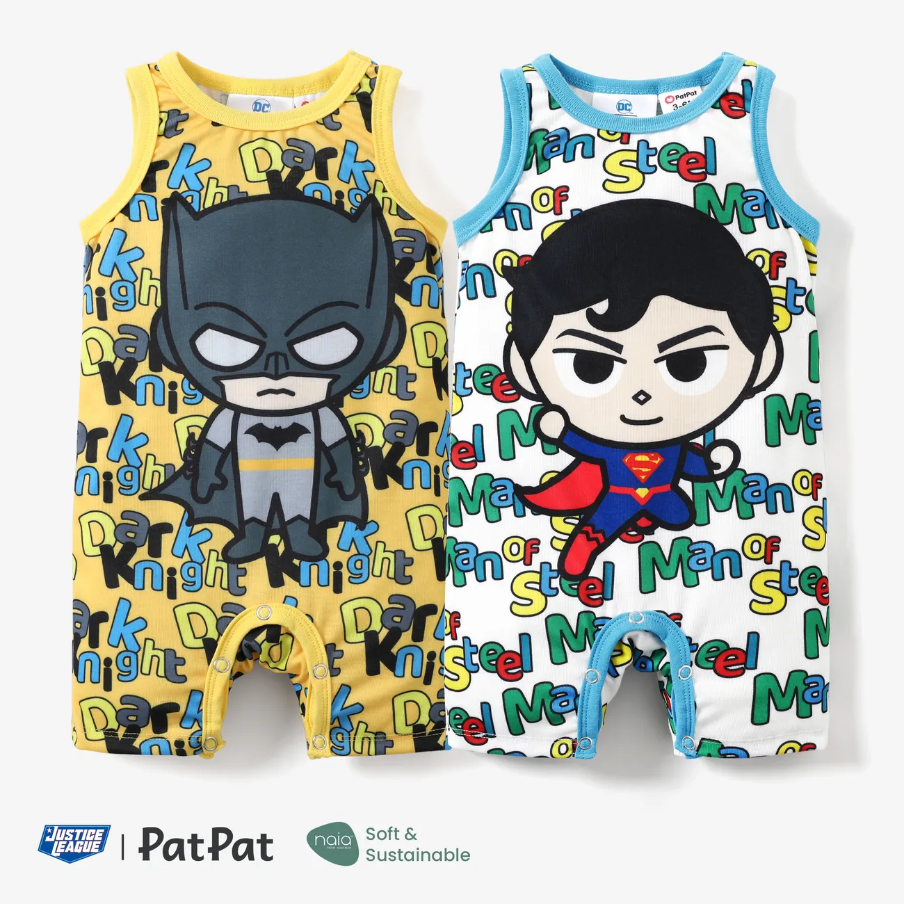 Justice League 1pc Baby Boy Naia™ Superman/Batman Print with Slogan All-over Jumpsuit Yellow big image 1