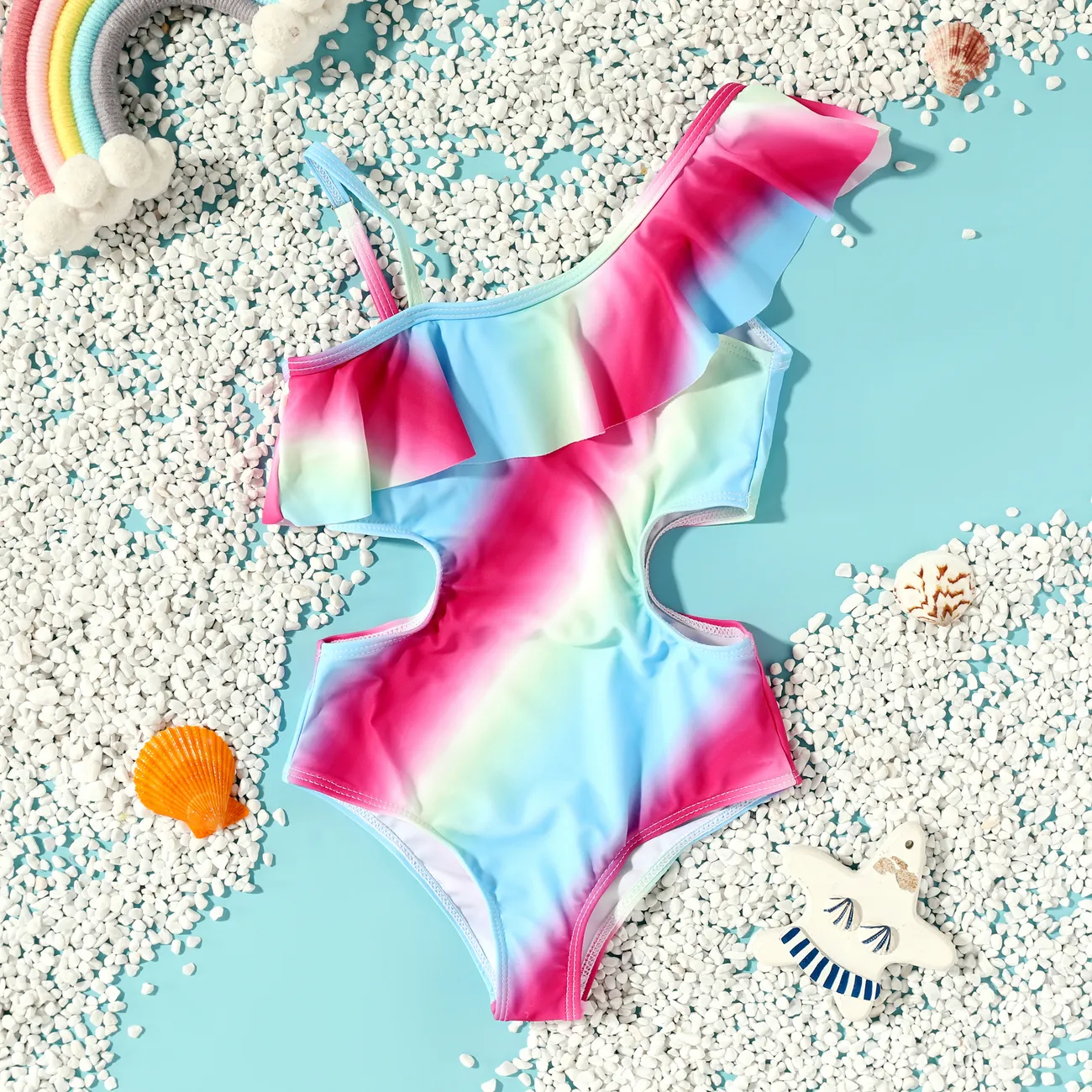 Kinder Mädchen Rüschenrand Allmähliche Veränderung Badeanzüge Mehrfarbig big image 1