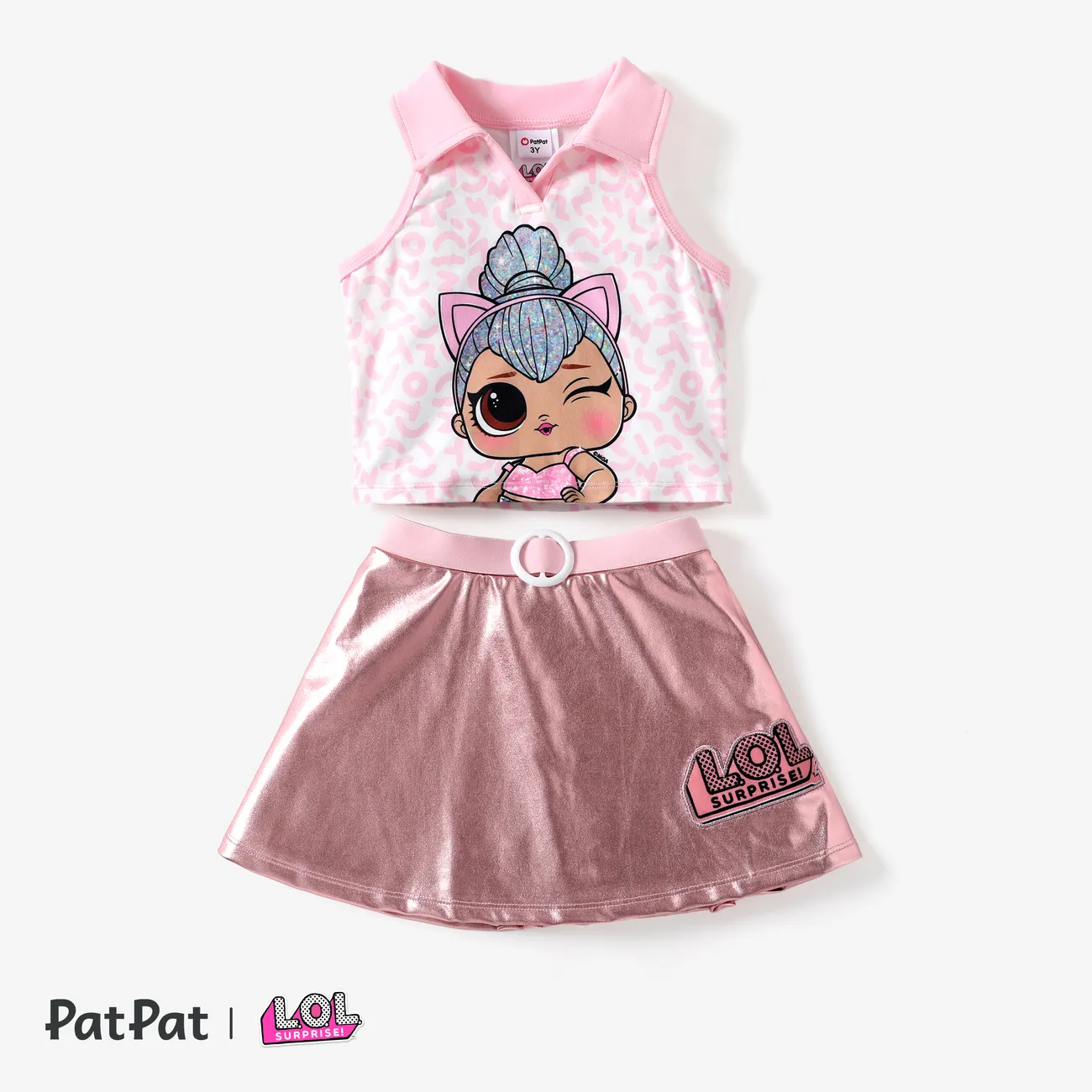 L.O.L. SURPRISE! Toddler/Kids Girls 2pcs Character Print Collared Tank Top with Metallic Fabric Skirt Set Pink big image 1