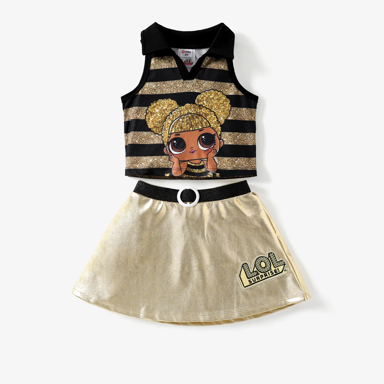 L.O.L. SURPRISE! Toddler/Kids Girls 2pcs Character Print Collared Tank Top with Metallic Fabric Skirt Set Black big image 1