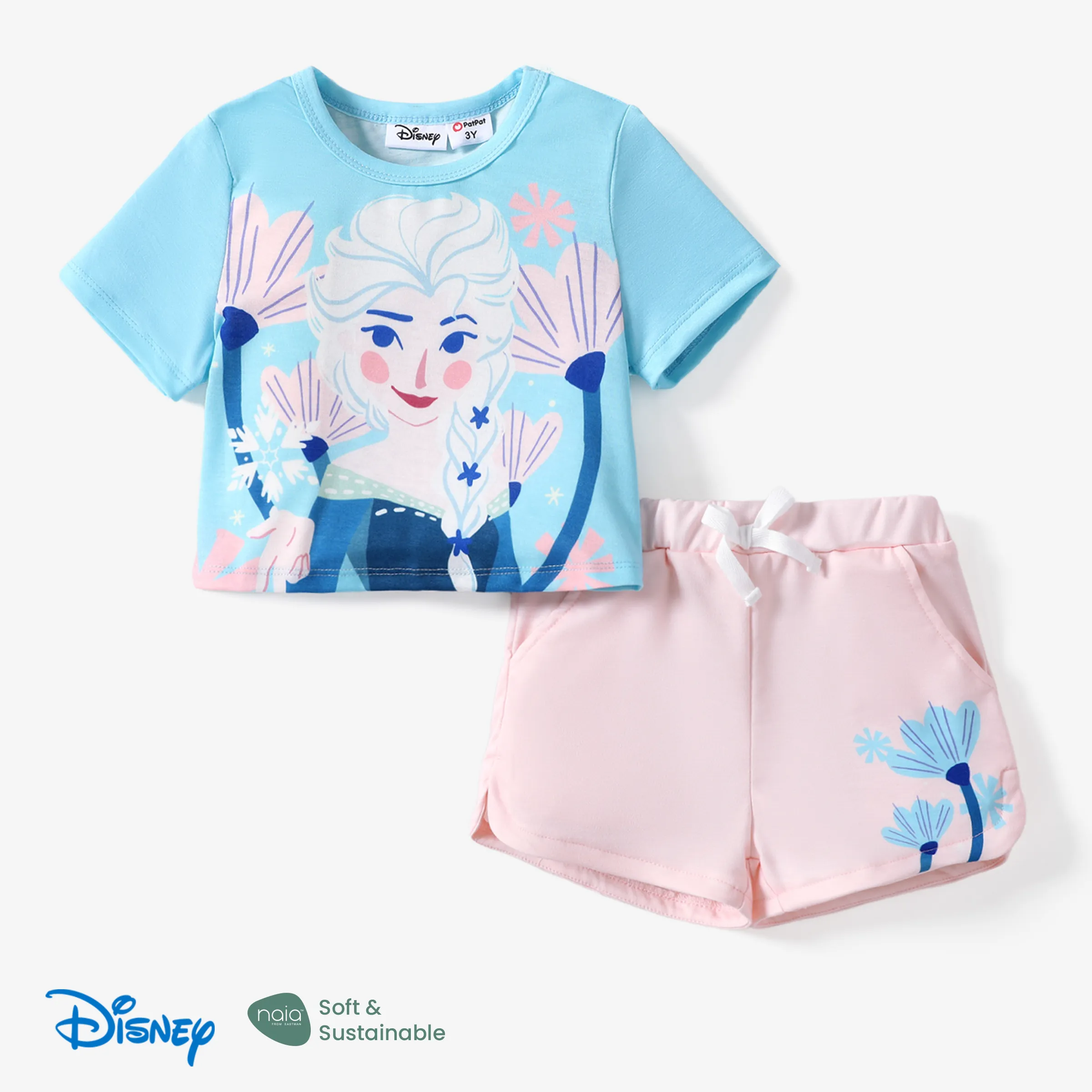 Disney Frozen Toddler Girls Elsa/Anna 1pc Naia™ Character Floral Print Tee with Shorts  Sporty Set Light Blue